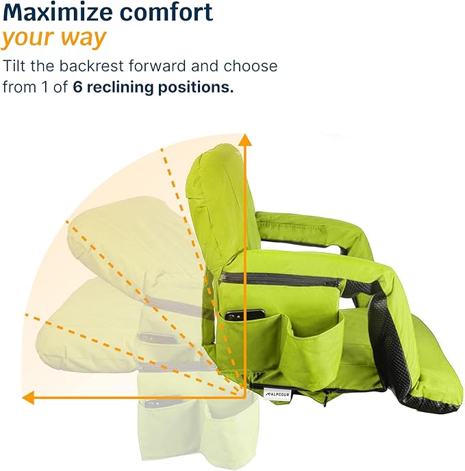 Alpcour Reclining Stadium Seat – Wide Bleacher Chair with Back Support and Cushion, Armrests, Side Pockets, and Bleachers Hook – Best Stadium Seats Chairs for Camping, Kayak, & Paddle Board Backs