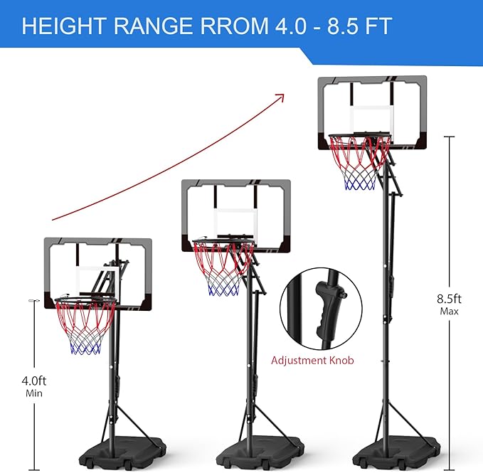 Kids Basketball Hoop Easy Adjustable 4.0-8.5 FT, Portable Basketball Goal System for Kids/Teens/Youth, 33" Shatterproof Backboard, Outdoor & Indoor Use