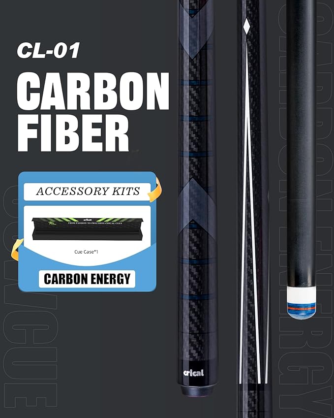 CRICAL Carbon Fiber Pool Cue Stick 58" Billiard Cue Sticks Professional Low Deflection Pool Sticks with 3/8 * 8 Pin Joint and 12.5mm Tip
