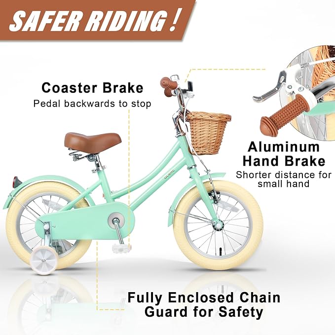 Glerc Little Molly 12-20 Inch Kids Retro Cruiser Bike for 2-13 Year Old with Wicker Basket & Training Wheels/Kickstand, Multiple Colors