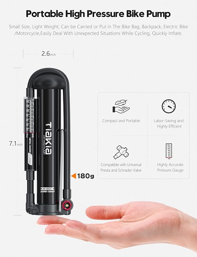 Tiakia Bike Pump with Gauge, High Pressure Bicycle Pump High Volume Portable Hand Air Pump Fit Presta, Schrader Valves Aluminum Bike Tire Pump for Mountain Road Bike, Strollers, Balls