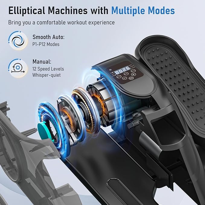 Under Desk Elliptical Machine 12 Adjustable Speeds Quiet Work Ellipse Leg Exerciser LCD Display Strap Pedals and Remote Control Elliptical Training Machines Mini Elliptical for Home Office