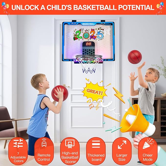 Awsoo Mini Basketball Hoop for Kids，Indoor Basketball Hoop with4 Basketballs, Colorful LED and Scoreboard, Mini Hoop Toys for 5 6 7 8 9 10 11 12 Year Old Boys Girls (Blue)
