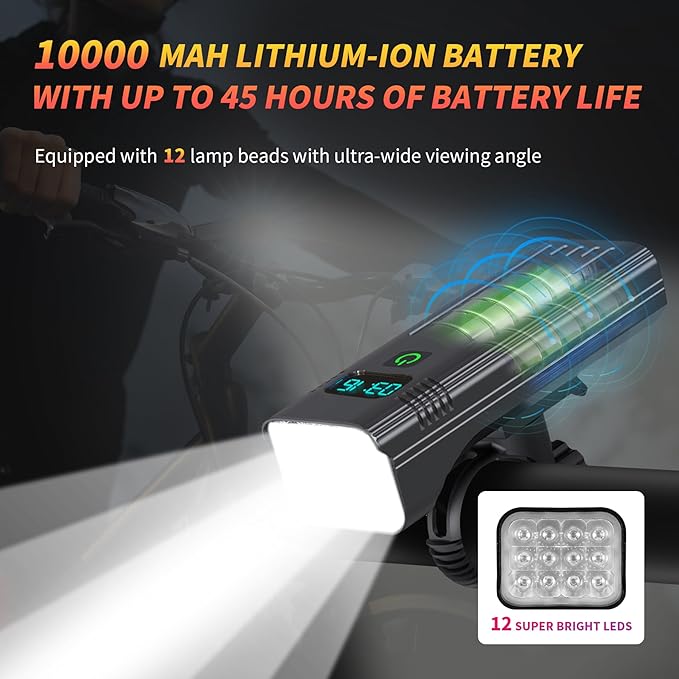 Ultra-Bright 12 LED Bike Lights for Night Riding - 10000mAh Bike Lights Rechargeable, 5+5 Modes Bike Headlight and Tail Light Set Runtime 36+ Hrs, for Road and Mountain Biking