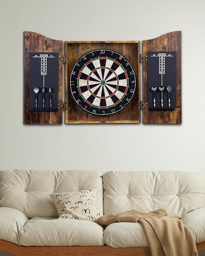 Sisal Dart Board Cabinet Sets, Decorative Dart Boards for Adults [12*Steel Darts] - Wooden Dartboard Cabinet with Integrated Scoreboard for Family Game Rooms