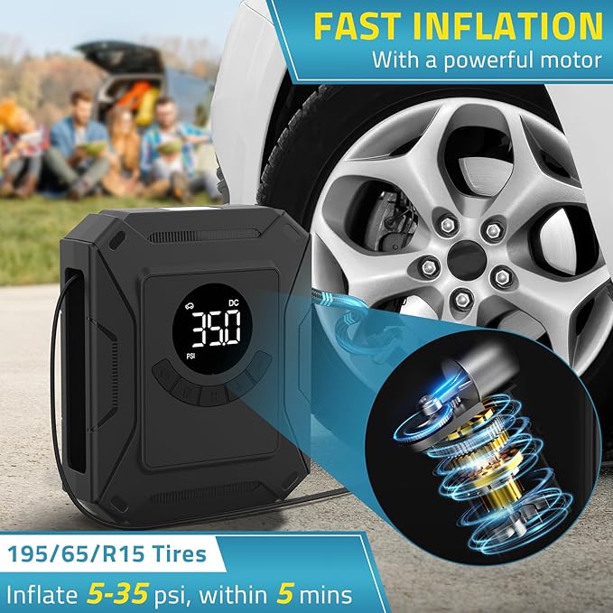 PAULINN Tire Inflator Air Compressor 12V DC Portable Air Pump 150 PSI for Car Tires, Auto Tire Pump with Digital Pressure Gauge, Auto Shutoff & LED Light for Cars, Motorcycles, Bikes & Balls, Black