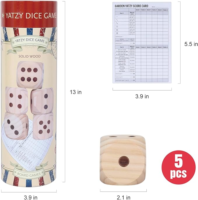 GOTHINK Large Wooden Yard Dice Game Set, Get The Party Started with 5 PCS Wooden Yard Dices - 2.1 Inches, Perfect for Outdoor Fun and Games, Includes Scoreboard and Storage Box