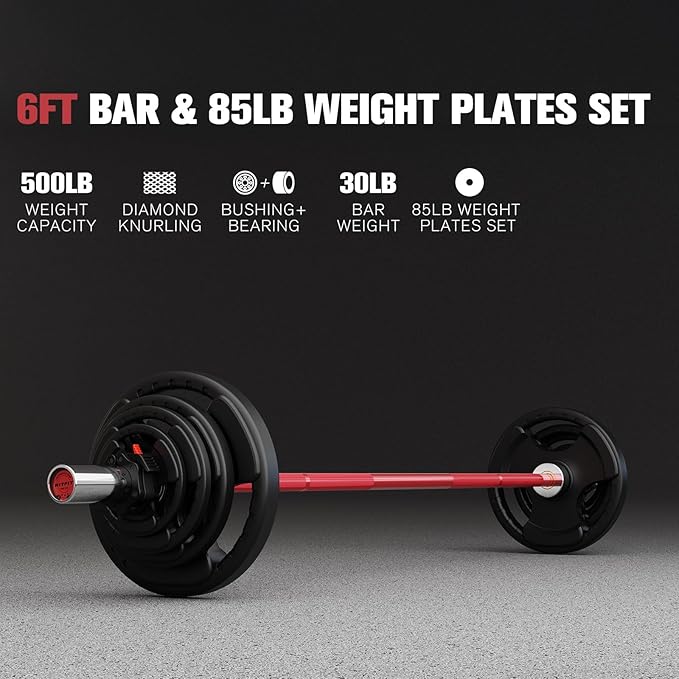 RitFit Barbell Weight Set - 4/6FT Olympic Barbell with Weight Plates (55-275LB Total) - Weightlifting Equipment for Squats, Curls, Deadlifts, Presses, Hip Thrusts