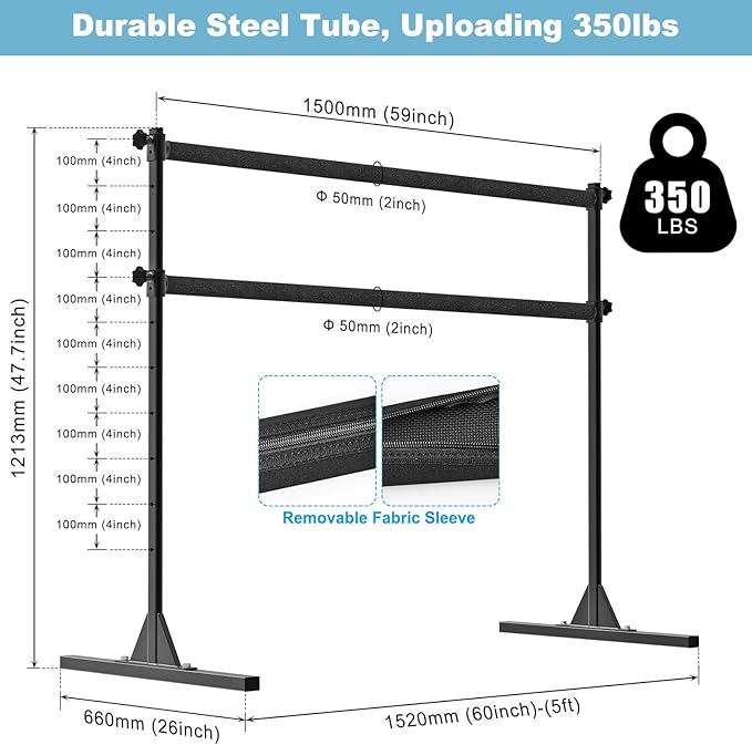 4FT/5FT/6FT Height Adjustable Freestanding Ballet Barre with Fabric Sleeve Portable Double Ballet Bar 350 lbs Capacity Heavy Duty Dance Barre for Home Workout, Stretch