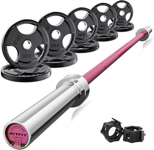 RitFit Barbell Weight Set - 4/6FT Olympic Barbell with Weight Plates (55-275LB Total) - Weightlifting Equipment for Squats, Curls, Deadlifts, Presses, Hip Thrusts