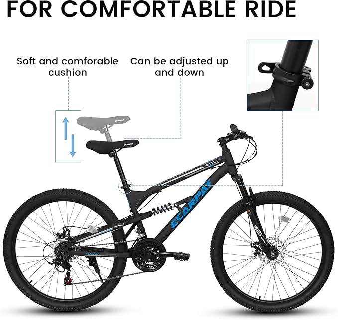 Ecarpat 24/26/27.5 Inch Mountain Bike, Dual/Front Suspension Mens Mountain Bike with 21 Speeds High-Carbon Steel Frame and Disc/V Brakes, Adult Sport Bicycle for Trail Snow Commuter City Road
