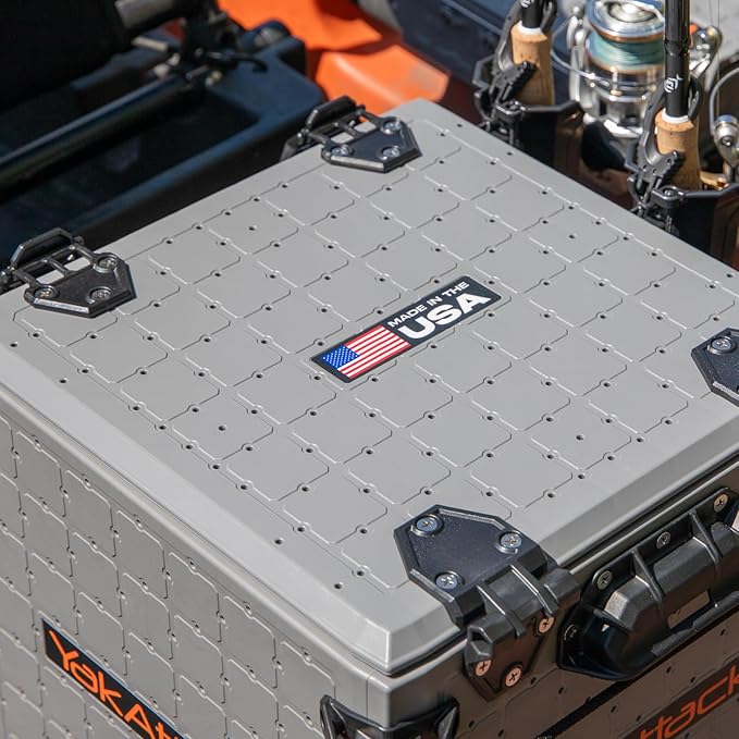 YakAttack BlackPak Pro 13" x 13" Fishing Crate with 3 Rod Holders - Battleship Grey | Compact Tackle Storage Box & Gear Organizer for Kayaks | Lightweight, Durable & Customizable Marine Accessory