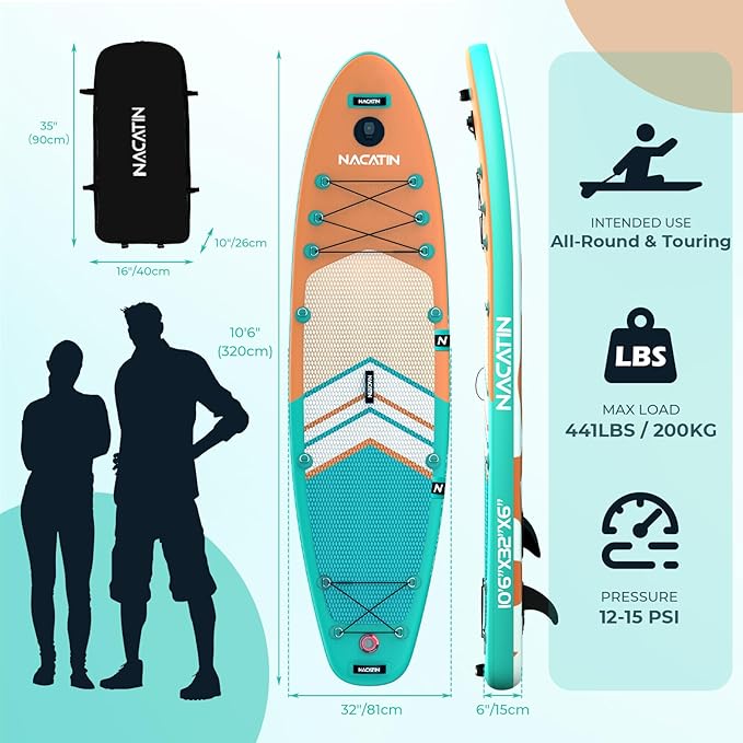 NACATIN Inflatable Stand Up Paddle Board with Kayak Seat,10'6"Upgrade Version Blow Up Paddle Boards for Adults with Premium SUP Accessories&Backpack,Adjustable Paddle,Camera Mount,Fins,Hand Pump