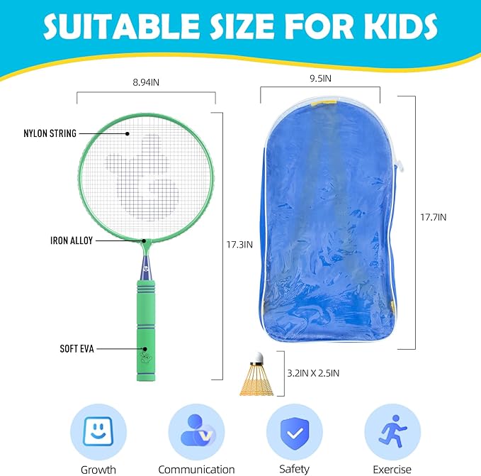JOY SPOT! Kids Badminton Rackets Set with Soft Grip, Oversize & Lightweight Shuttlecocks Racquet with Carry Bag for Children Youth, 2 Player Sport Game for Indoor Outdoor Backyard