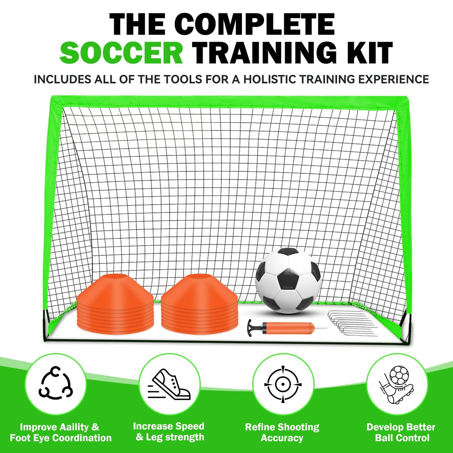 Fololicx Green Soccer Goals for Backyard, 2 of 6x4ft Kids Soccer Net Training Equipment, Portable Pop Up Toddler Soccer Goal with Soccer Ball, Scoring Target Cloth, and Cones - Fun Youth Outdoor Games