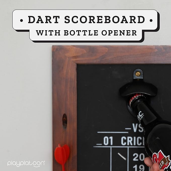 Play Platoon Dart Scoreboard & Darts Holder Wall Mount with Bottle Opener - Wood Score Board, Professional Darts Accessories, Dart Holder