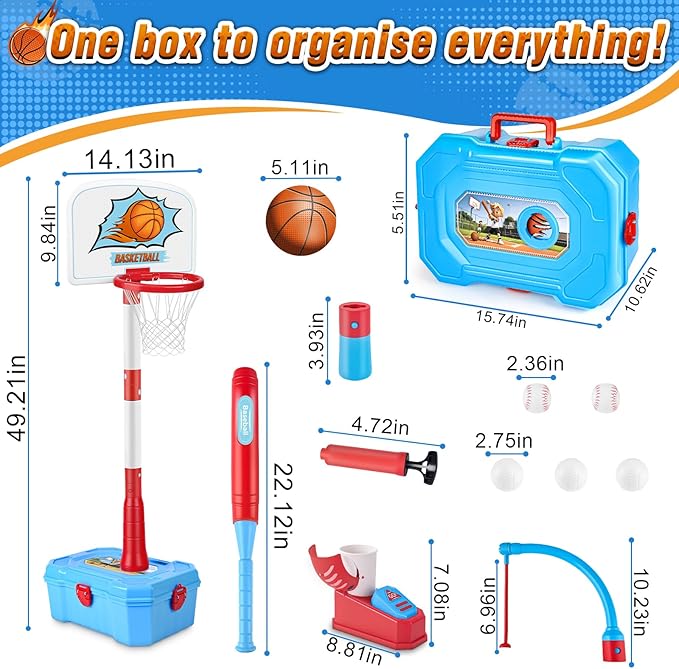 4 in 1 Toddler Basketball Hoop for Kids 1-3,Adjustable Height Kids Basketball Hoop,Stand with Hanging Tee Baseball & Automatic Pitcher,Toddler Indoor/Outdoor Toys for Boys Girls ,Gift for Birthday
