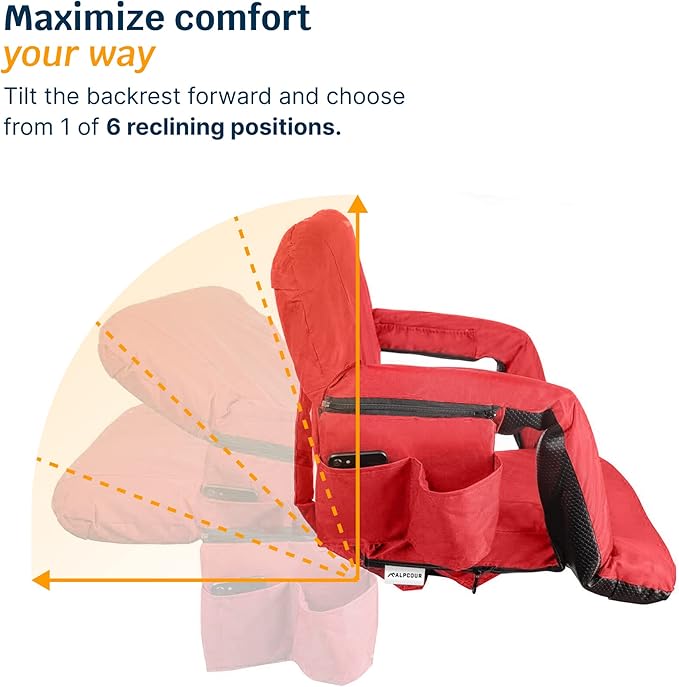 Alpcour Reclining Stadium Seat – Wide Bleacher Chair with Back Support and Cushion, Armrests, Side Pockets, and Bleachers Hook – Best Stadium Seats Chairs for Camping, Kayak, & Paddle Board Backs