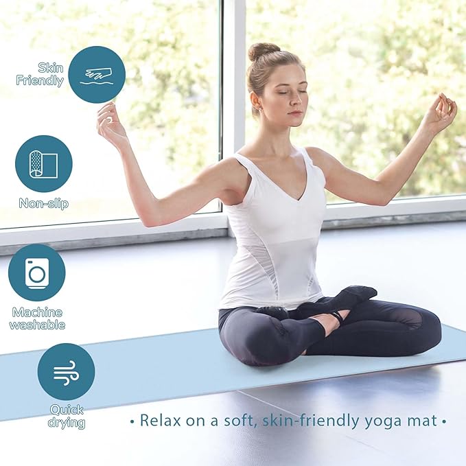 Peryiter 2pack 72 x 24'' Hot Yoga Towel Pack with Grip Dot, Sticky Fiber Mat Towels Non Slip for Hot Yoga, Absorbent Microfiber Sweat Anti-Slip Cover for Pilates Exercise Fitness Workout(Light Blue)