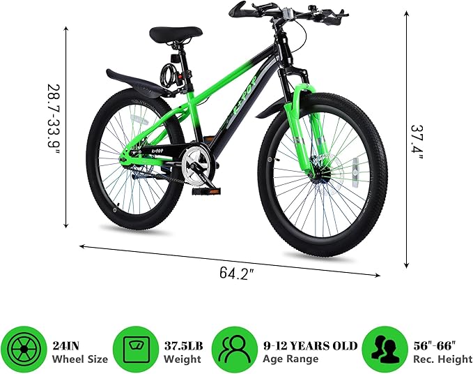 20 24 Inch Kids' Mountain Bike, Front Suspension Fork Kids' Bicycles for Boys Girls, Single Speed Bikes for Girls Boys Ages 8-12, Front and Rear Disc Brakes, Adjustable Seat Height