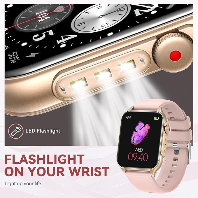 Smart Watches for Women (Answer/Make Call) with LED Flashlight, 1.96" HD Touch Screen Fitness Tracker with Heart Rate Sleep Monitor, Waterproof Smartwatch with 100+ Sports Modes