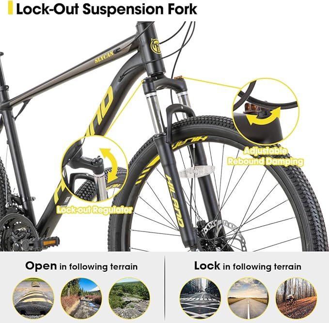 HILAND 27.5 inch Mountain Bike 21 Speeds, Lock-Out Suspension Fork, Aluminum Frame Hydraulic Disc-Brake for Men Women Mens MTB Bicycle Adlut Bike