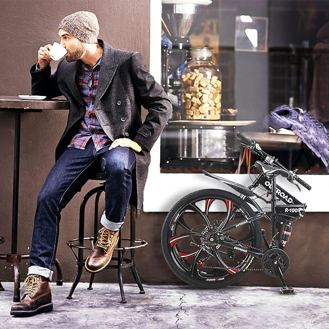 26 ich Folding Mountain Bike, 21 Speed High Carbon Steel Mountain Bike for Adults with 26 Inches Durable Tires, Front Suspension Folding Bicycle for Women and Man