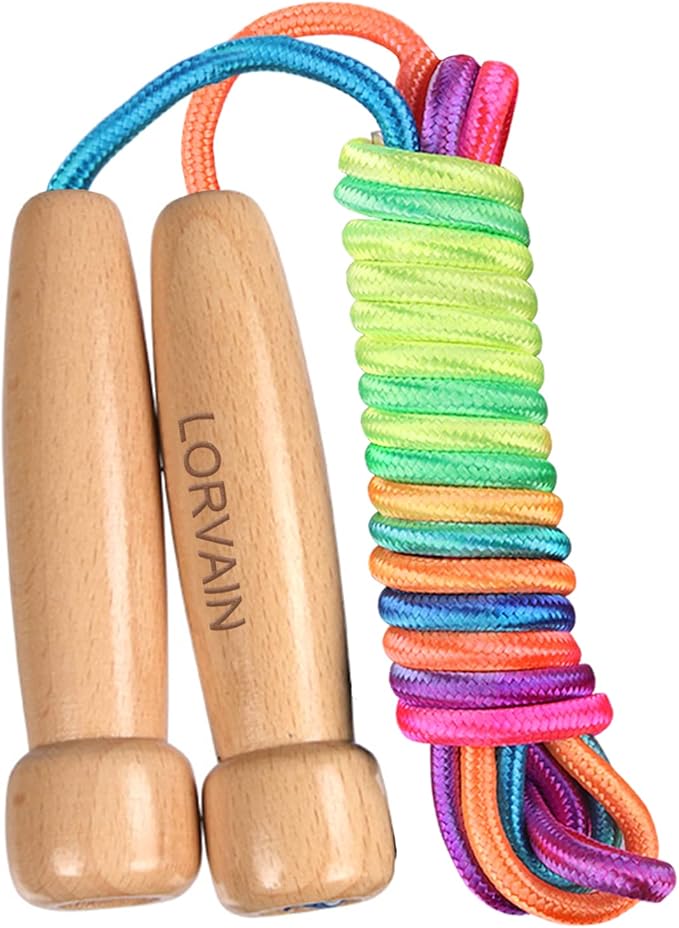 Lorvain Jump Rope for Kids, Adjustable Kids Jump Ropes for Girls Boys Toddler Fitness, Cotton Skipping Rope with Wooden Handle for Outdoor Fun Activities Exercise