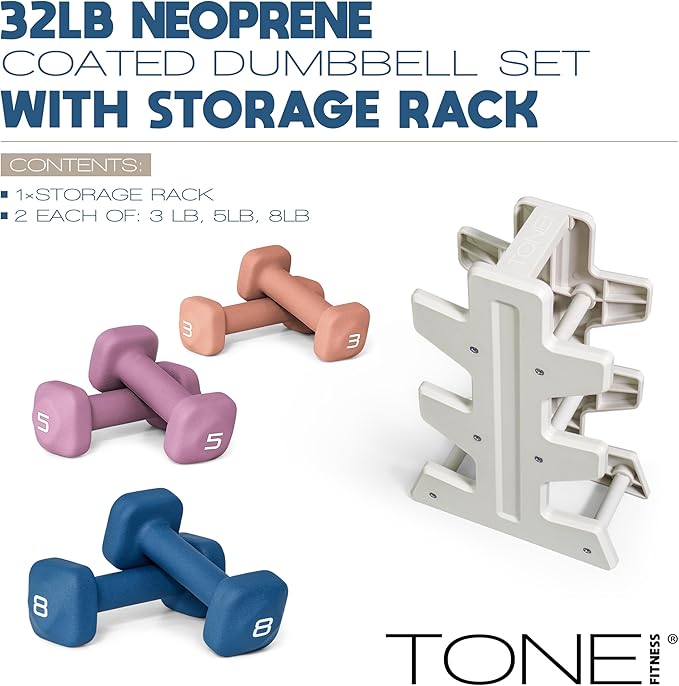 Tone Fitness Neoprene Dumbbell Set with Storage Rack – Non-Slip, Anti-Roll Hand Weights for Home Gym Workouts | 20 lb, 32 lb, & 50 lb Options