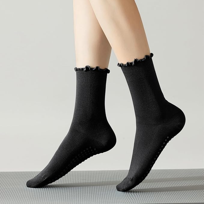 3 Pairs Pilates Socks with Grips Non Slip Ruffle Yoga Grip Socks for Women