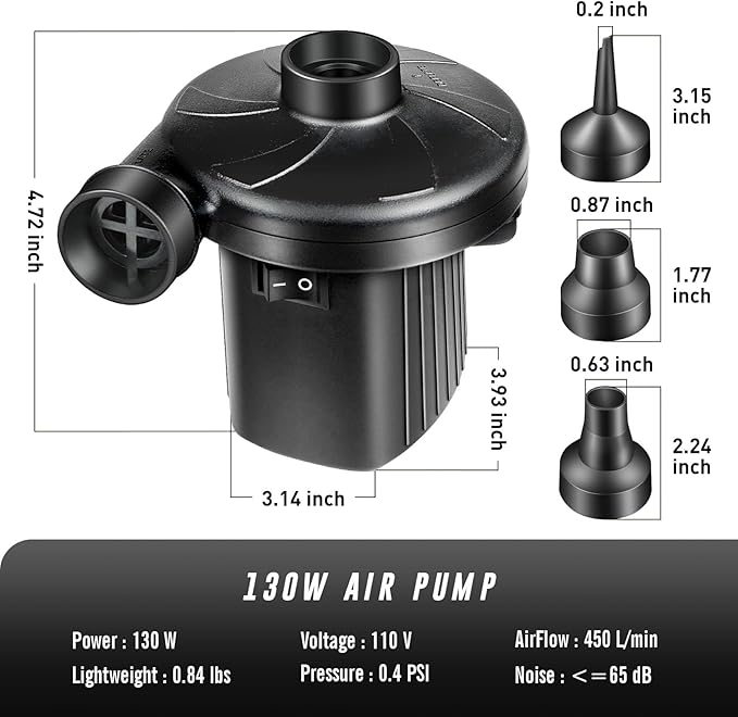 130W Electric Air Pump with 3 Nozzles Options– Fast Inflation for Small Airtight Inflatables, Pool Floaties, Swim Tubes, Camping Gear & Decorations