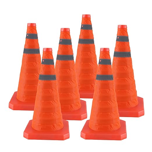 18 Inch 6 Pack Collapsible Traffic Safety Cones, Orange Cones with Reflective Collar, Portable Multipurpose Traffic Cones for Parking Construction Driving Training Sports Practice