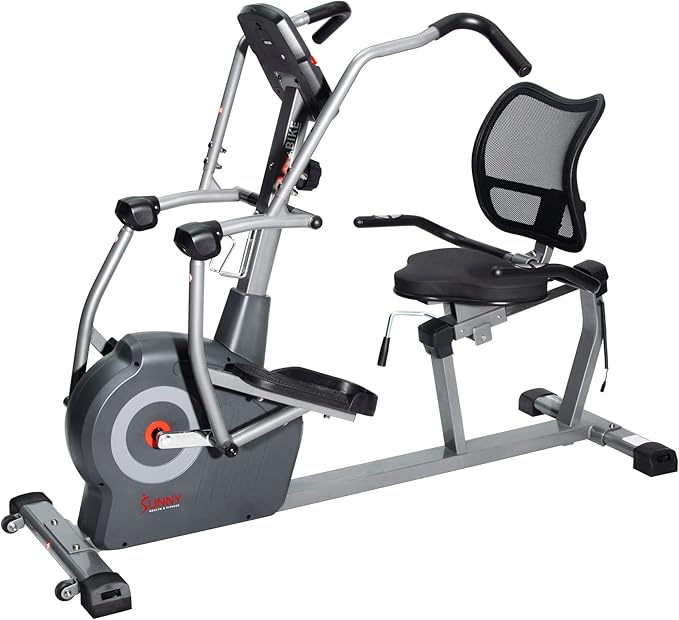 Sunny Health & Fitness Elite Recumbent Cross Trainer & Elliptical Machine with Arm Exercisers for Home Arm/Leg Training, Easy Adjust Seat & Mesh Backrest, Free SunnyFit App Bluetooth Connectivity