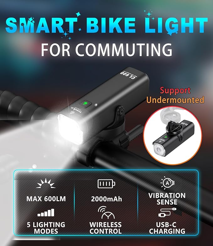 TOWILD Bike Lights for Night Riding,Compatible with Garmin/GoPro Mount,600 Lumen Bike Headlight,2000mAh Rechargeable Battery,Waterproof Bike Front Light for Commuter Cyclists-Fits All Bikes