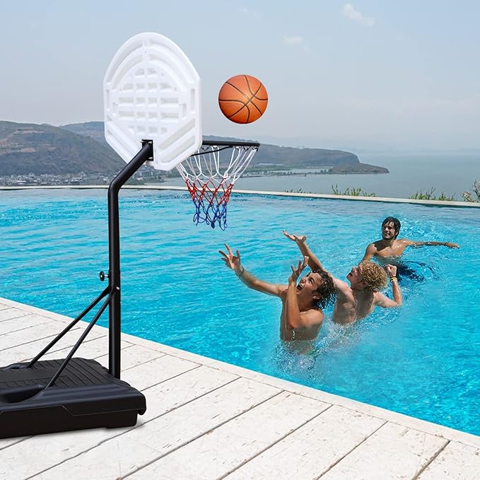 Pool Basketball Hoop, Adjustable Poolside Basketball Hoop with Wheels, Outdoor Height Adjustable Swimming Pool Basketball Goal Set, Perfect for Swimming Pool & Home Play