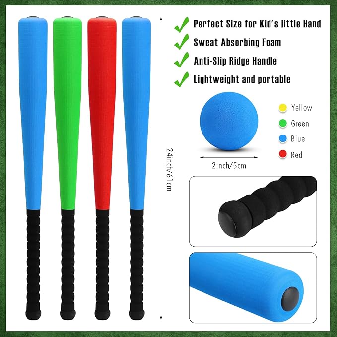 Wettarn 4 Pcs Foam Baseball Bat 24 Inches Foam Bat with Safe Soft Baseballs T Ball Set for Outdoor Indoor Sport Game Beginners Practice Playing Training(Red, Yellow, Blue, Green)