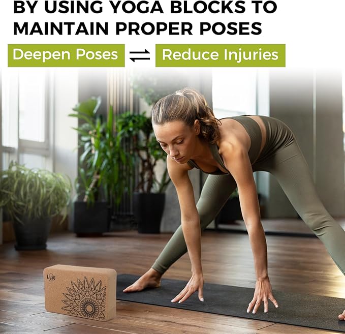 U&M Cork Yoga Blocks 2 Pack Set,Natural Cork High Density 9"x6"x4" Yoga Blocks Odor-Resistant Non-Slip for Yoga, General Fitness, Pilates, Stretching and Toning