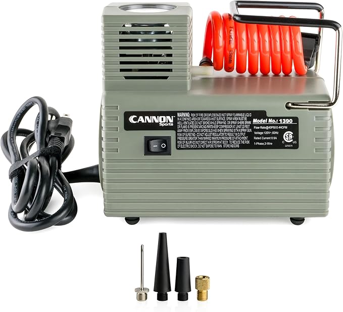 Cannon Sports Electric Ball Inflator Pump with Pressure Gauge - Powerful 1/8 HP Oil-Less Compressor, Inflates Balls, Exercise Balls, Tires, Pool Floats, Air Mattresses, and More
