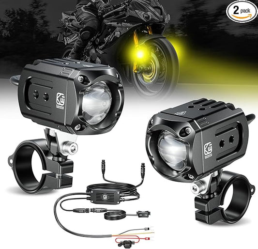 Kewig Motorcycle Auxiliary LED Light Kit Driving Spotlights White/Amber Fog Light with Mount Brackets Wire Harness Waterproof 60W Offroad Work Lights Compatible with Motorcycle J-eep Car Truck (Black)