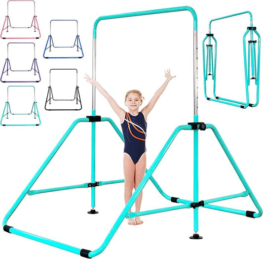 MARFULA Foldable Gymnastic Bar for Kids Ages 3-9, 9 Height Levels, 200 lbs Weight Capacity, 5 Ft Length Gymnastic Kip Bar with Mat, Gymnastic Equipment for Home and Gym Center Indoor Outdoor Use