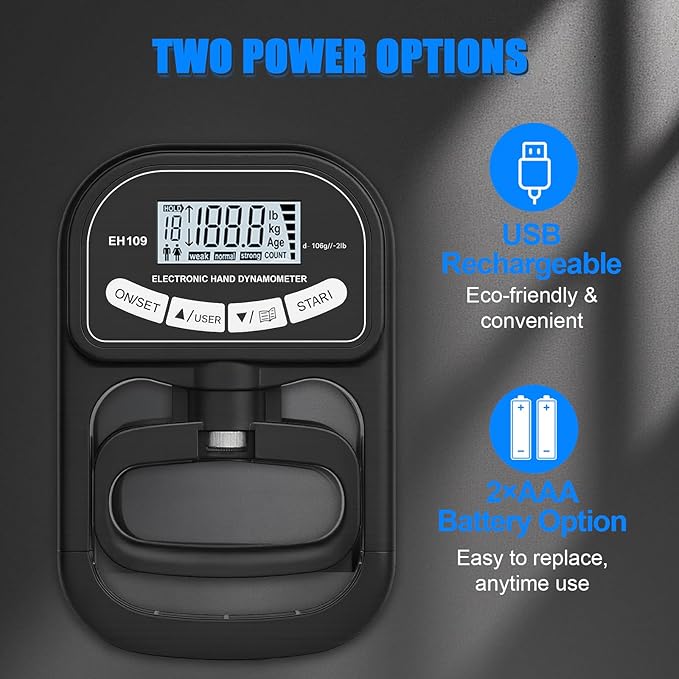 Grip Strength Tester 400 lbs/180 kg with Backlit LCD Display, Digital Hand Grip Dynamometer Records Up to 19 Users, Adjustable Grip Strength Trainer 11–220 lbs for Sports, Rehab, Home & School Use