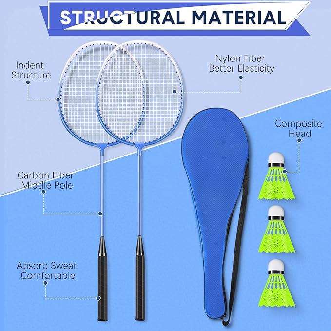 12 Pack Badminton Rackets Set Including Rackets, Nylon Shuttlecocks and Carry Bag for Outdoor Backyard Games Beginners