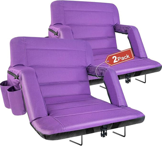 Stadium Seats with Back Support 2 Pack Wide, Exclusive Bleacher Chairs with Back and Cushion Folding Stadium Chairs, 6 Reclining Positions Waterproof Bleacher Seats (Wide|22.5" Purple)