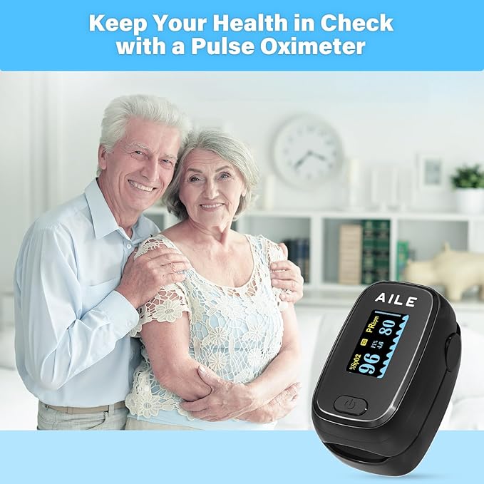 Pulse Oximeter with Fingertip Oxygen Meter : AILE Compact Fingertip Pulse Oximeter - Blood Oxygen/Heart Rate Monitor - 4 Color Screen Display - Including 2AAA Batteries for Athletic & Home (Black)