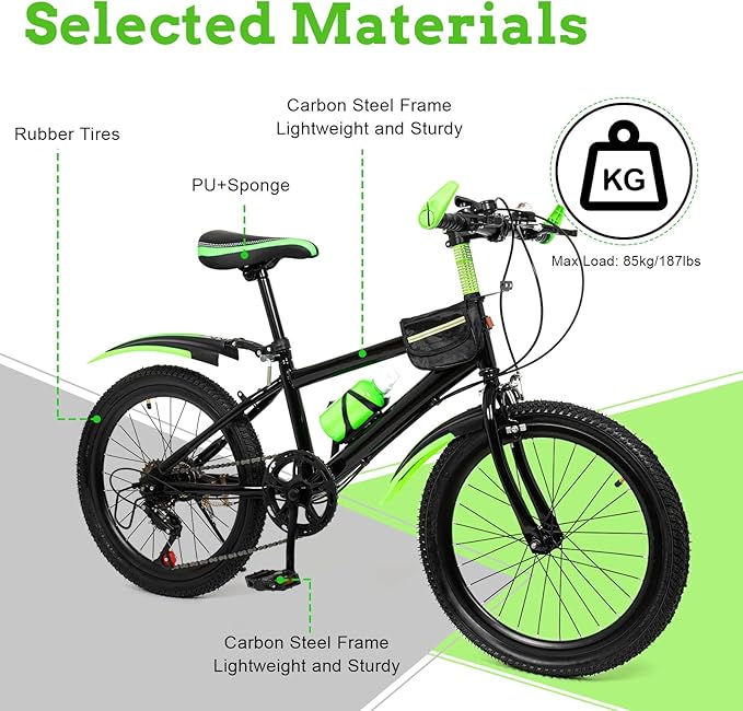20 Inch Child City Bike, 7 Speeds Adjustable Height High Carbon Steel Kids Mountain Bike, Double Disc Brake Bicycle, Green