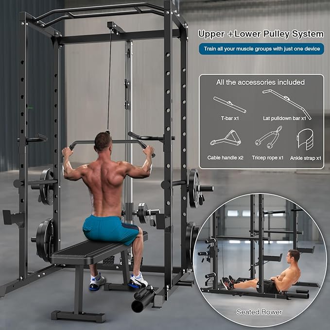 Power Cage, Multi-Functional Power Rack with J-Hooks, Dip Handles, Landmine Attachment and Optional Cable Pulley System for Home Gym