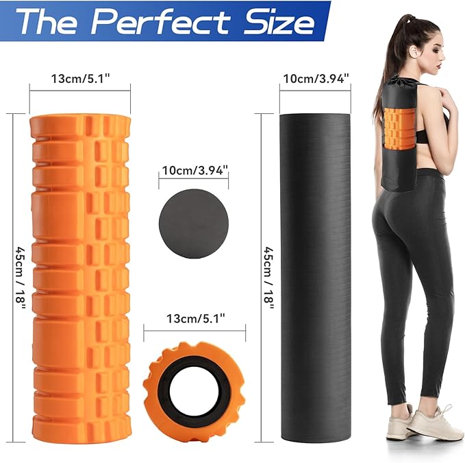 Foam Roller High Density Foam Roller Set for Deep Tissue Muscle Massage, 18" Trigger Point Fitness Exercise Massage Roller Self-Myofascial Release for Whole Body (Orange)