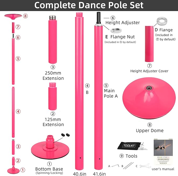 PRIOR FITNESS Premium Dance Pole Removable 45mm Spinning & Static Dancing Pole Heavy-Duty Steel Pole Dancing Pole, Adjustable Height Professional Grade Excellent for Home Exercise Club Gym