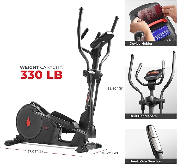 Sunny Health & Fitness Programmable 16 Electro-Magnetic Elliptical Cross Trainer Exercise Machine, Full-Body Cardio Equipment w/ 24 Pre-Built Workouts, 330LB Capacity,Optional Free SunnyFit App Link
