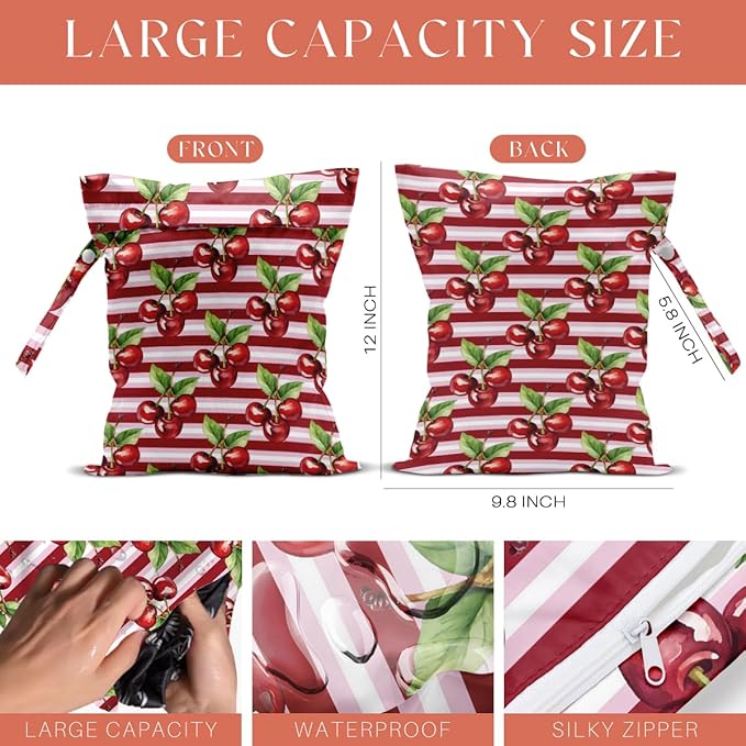 4 Pack Cute Stripes Checkered Cherry Wet Bag Waterproof Washable Reusable Wet Dry Bag for Swimsuit C Dirty Clothes Cloth Diaper Travel Beach Pool Yoga Gym Toiletries Travel Beach Essentials